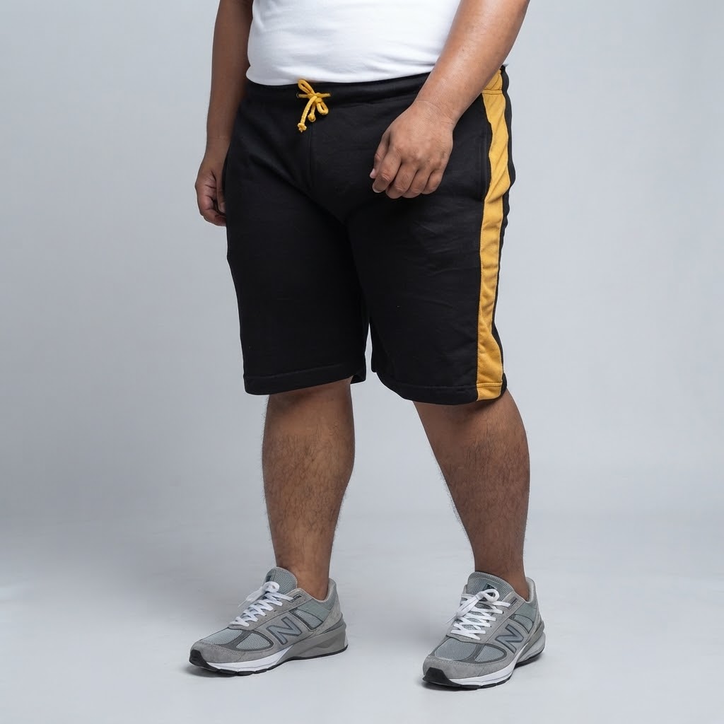 Celana Pendek Rileks Big Size Katun Hitam List Kuning | bigjordan