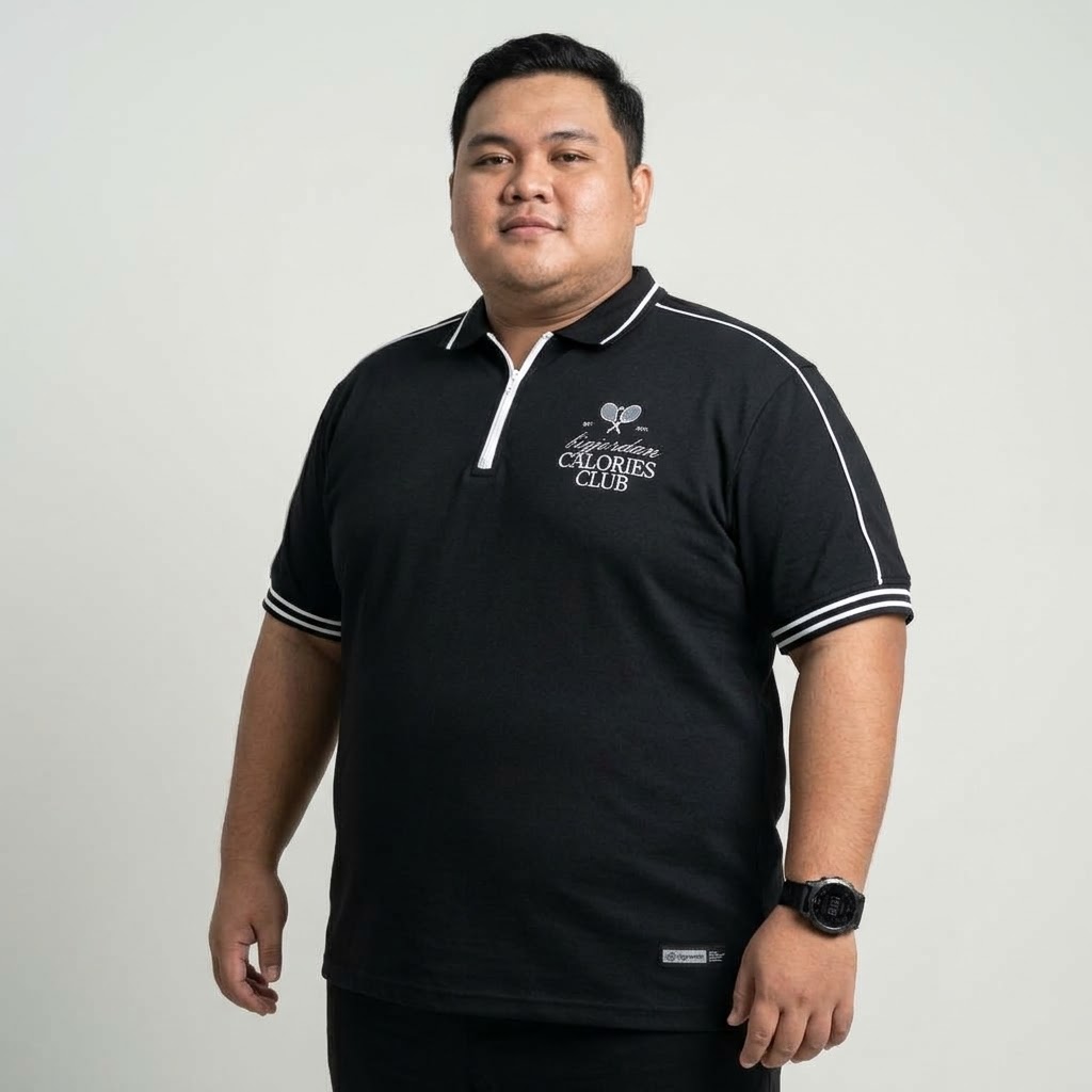 Bigjordan Calories Club Zipper Polo Shirt Black Baju Polo Pria Jumbo Big Size Lengan Pendek