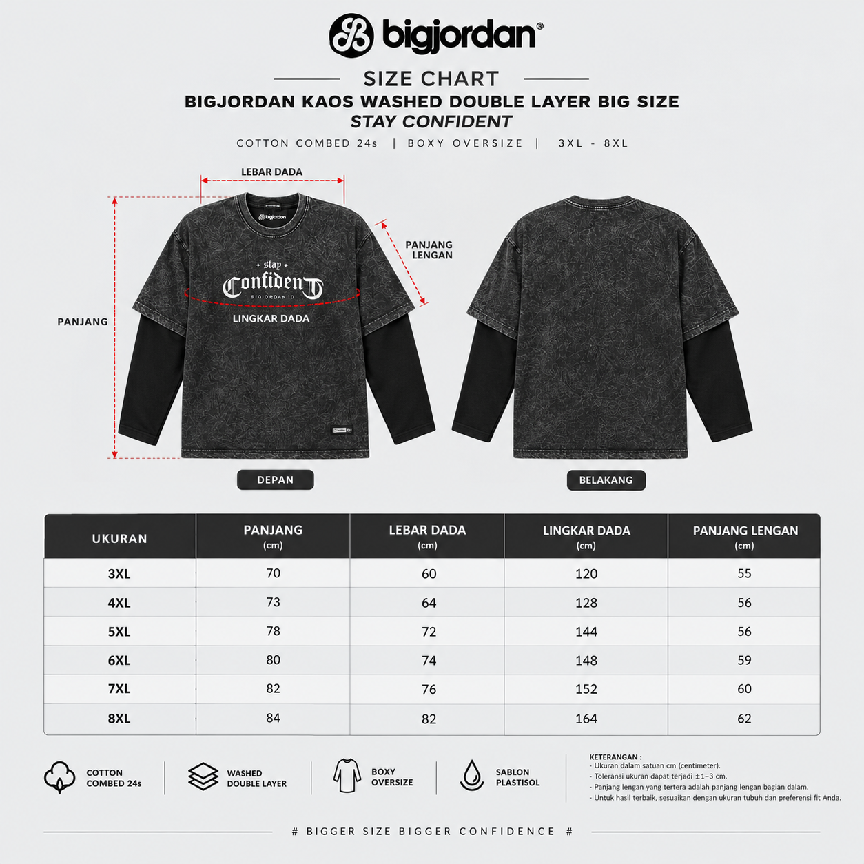 BigJordan Kaos Washed Double Layer Big Size Stay Confident Cotton Combed 24s Pria Jumbo 3XL–8XL 5